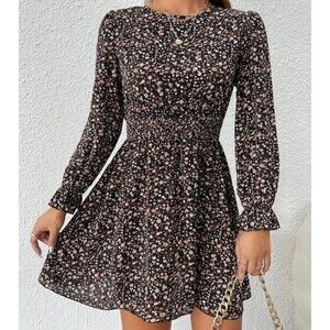 Floral Print Shirred Waist Flounce Sleeve Dress Black Size XS